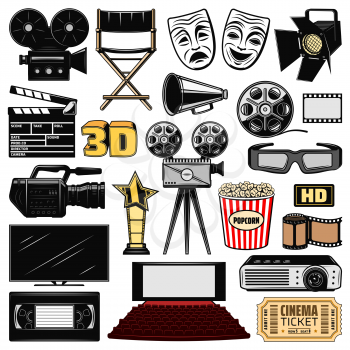 Cinematography, movie making or retro cinema and film director icons. Vector cinema ticket, producer clapperboard, 3D glasses and BHS video cassette with reel camera and tv