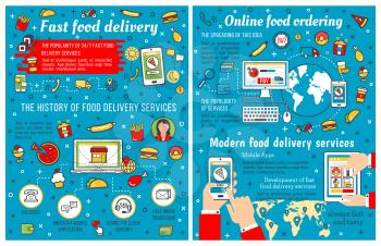Fast food infographic on fastfood takeaway and delivery. Vector diagrams on fast food restaurant or cafe order on computer or mobile phone app, burgers popularity in world
