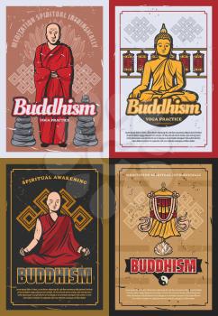 Buddhist monks and Buddhism religion symbols. Vector posters of Buddha in meditation with mudra signs and Zen stones, Yin Yang on temple drums and victory banner