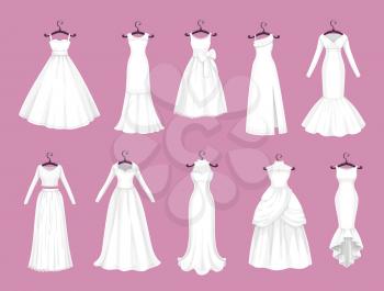 Wedding dress vector isolated icons set. Vector Save the Date greeting, engagement and marriage party invitation or bride tailor salon symbols of white wedding dress models with bows and laces