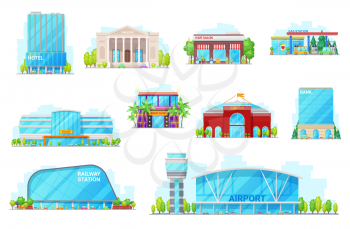 City urban building icons. Vector isolated hotel, opera theater or hair salon and gas station, arena stadium, night club and circus, airport and railway station