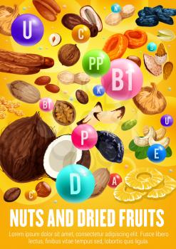 Healthy nuts and dried fruits, vitamins and vitamins. Organic vegetarian nutrition food of figs, coconut or hazelnut and dried pineapple and apricot, cashew and peanuts or raisin