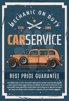 Auto service tuning and mechanic restoration station. Vector vintage poster of automotive and retro cars repair or spare parts store, engine and chassis diagnostic
