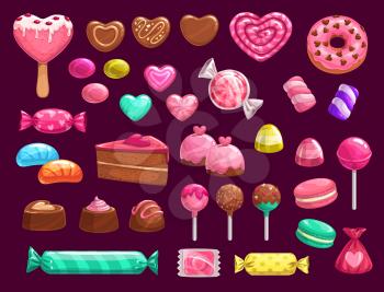 Sweets vector icons of romantic love holiday gifts. Chocolate cake, heart shaped candies, lollipops and jellies, marshmallow, cupcakes and macarons, donuts, ice cream and caramel