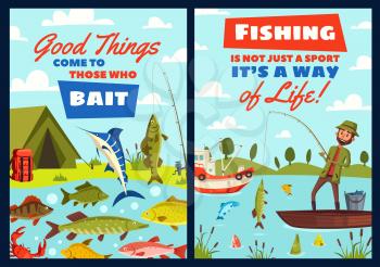 Fishing outdoor adventure or fisherman camping sport hobby. Vector fisher man with rod and boat at lake or river, catching fish marlin, salmon or trout and pike with perch or seafood crab