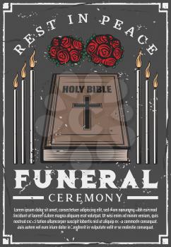 Funeral service agency poster. Vector mortuary and burial ceremony church candles, bible and memorial flowers wreath with Rest in Peace or RIP text