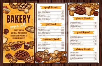 Bread baked food, bakery or pastry shop vector menu. Wheat and rye flour bread, toast and bun, croissant, baguette and bagel, cake, pretzel, pie and chocolate cupcake desserts price