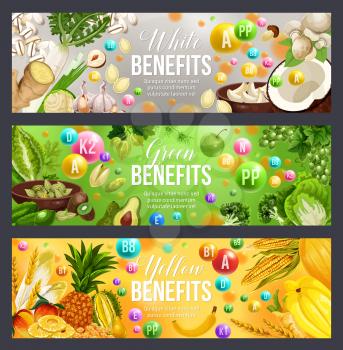 Color diet vitamin food with green, white and yellow fruits, vegetables and nuts, herbs, cereals, mushroom and seeds. Dieting and vegetarian nutrition benefits, vector