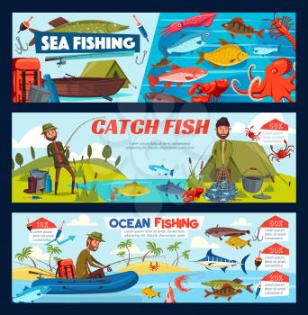 Fisherman fishing with rod and net from boat or shore. Bearded man fish catch, fishing tackle and equipment, hook, marlin and float, pike, perch and carp. Cartoon vector, sport and hobby