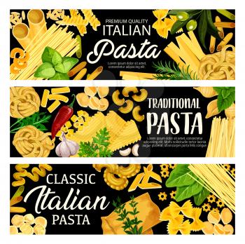 Pasta italian food, vector fettuccine, penne and tagliatelle, different kinds of tortellini, spaghetti and rigate. Vector farfalle, ravioli and lasagna with basil, olive and garlic