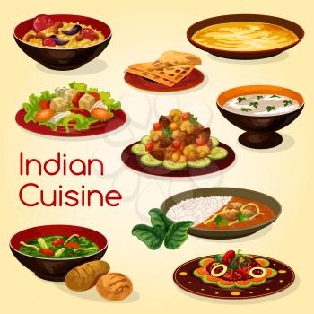 Indian cuisine dishes of rice with lamb curry, chapati bread and meat gravy. Chicken with spinach, rice pilaf or pulao biryani with nuts, almond soup and vegetable mushroom stew, vector food