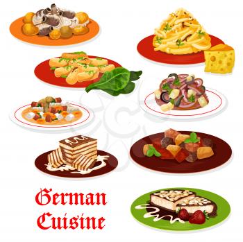 German cuisine meat and vegetable dishes. Salads with sausage, cheese and potato, apple and onion, beer soup, pork ribs stew with sauerkraut, chocolate and almond cake desserts. Vector design