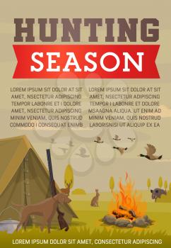 Duck and deer hunting season, hunter camp, gun, dog and shotgun, wild animals, birds and rifle, boar, elk and hare. Hunting sport, outdoor recreation vector theme