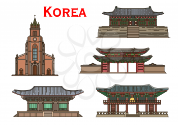 Korean travel landmarks vector icons of asian ancient architecture. Roman Catholic Myeongdong Cathedral, Bell Tower Bosingak and Bulguksa Temple, Changdeokgung Palace and Haeinsa Temple
