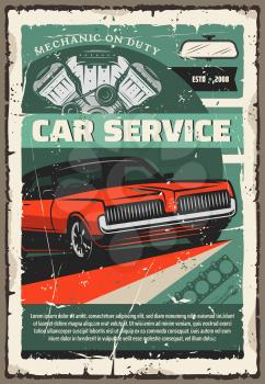 Car repair service of vintage auto, mechanic work tools and vehicle engine parts. Maintenance, diagnostics and repair service of old automobiles. Garage and mechanic workshop, vector