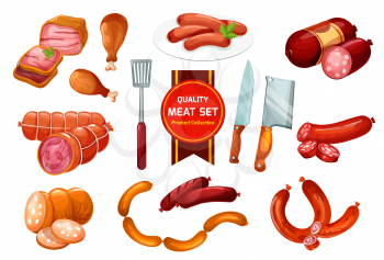 Meat sausage with ground beef and pork. Ham, chicken leg and bacon, smoked salami, wurst and frankfurter vector icons with slices and butcher knives. Meat shop, barbeque store or butchery design