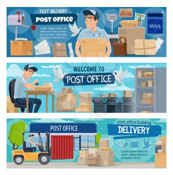 Post office, postal delivery service. Vector postman cartoon character working at counter with parcels, paper boxes and letters, mail sacks, packages and correspondence