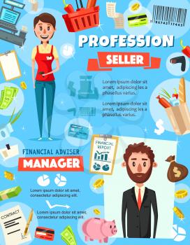 Financial advisor and seller occupation, finance and retail business. Manager and cashier or saleswoman with money and tax report graphs, cash register and trade icons. People professions, vector