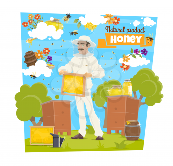 Beekeeper on beekeeping farm with honey and bee. Vector apiarist in protective suit and hat holding beehive frame with comb, beeswax and natural honey, flowers, sweet nectar pot and jar