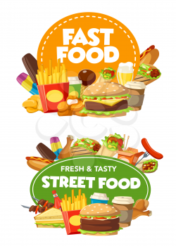 Fast food restaurant and street food cafe burger snack and drinks. Vector hamburger, hot dog and potato french fries, coffee, ice cream and chicken nuggets, cheeseburger and taco, takeaway meal design