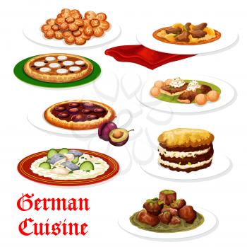 German cuisine sausage and potato casserole, meat stew with beer and pork schnitzel with egg, fish and seafood stew, kidney rice and sugar cookie, plum and apple fruit pie. Vector bavarian food