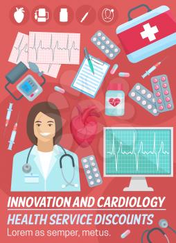 Cardiology and heart health medicine, cardiologist doctor, stethoscope, diagnostic tools and treatment. Cardiovascular examination, prevention disease, heart attack or failure, angina, stroke. Vector