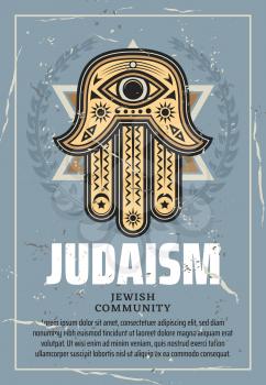 Hamsa or hand of Fatima vintage talisman of Judaism and Islam religions. Star of David or Magen and palm shaped amulet with pattern of eye, moon and sun, jewish and muslim culture vector design