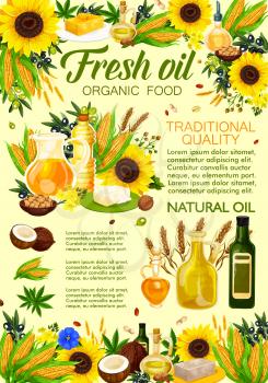Natural vegetable oil from sunflower, olive and coconut, corn, canola, sesame and flax seed, soybean, peanut and walnut with fresh plants and bottles. Food industry and organic product, vector