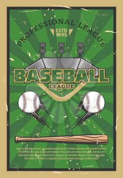 Baseball or softball sport game stadium field, balls, bat and infield bases. Baseball league tournament, sport club championship match announcement. Vector illustration