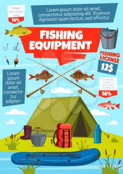 Fishing sport equipment and fisherman tackle with fish catch. Vector lure, bait and hook, rod, net and boat, bobber, reel and bucket, tent, boots and backpack on riverbank with salmon, trout and bass