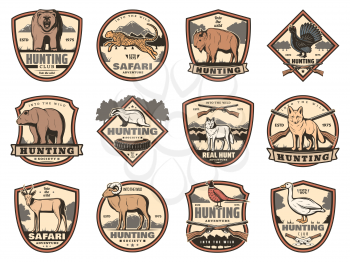 Hunting sport heraldic icons of hunter guns, animals and birds. Deer buck, duck and bear, fox, wolf and ox, goose, bison and antelope, jaguar, pheasant and grouse vector shields with huntsman weapons