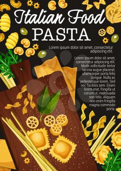 Pasta making of traditional italian food. Vector spaghetti, macaroni and fettuccine, penne, farfalle and ravioli, lasagna, rotelli and gnocchi pasta with flour, basil and olive on wooden cutting board