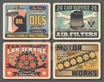 Auto spare parts, car service, repair and maintenance retro vector posters. Vehicle motor oil can, spanner and gear, air filter, cylinder gaskets and wrench, spare parts store or shop signboard