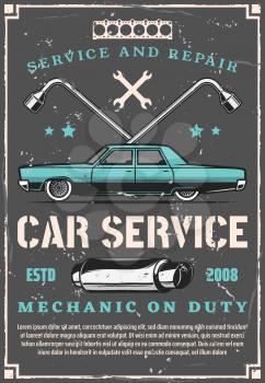 Car service, auto engine repair and mechanic maintenance. Vintage spanner and wrench, vehicle motor gaskets and exhaust pipe. Car spare parts store and tuning workshop, vector design