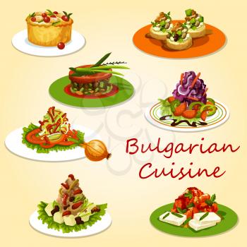 Bulgarian cuisine salads and snack food. Vector cabbage and pepper salads, mashed potato with cheese and tomato moussaka, eggplant stew lutenica, zucchini cheese toast and baked rabbit with mushrooms
