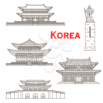 Korean travel landmarks of Seoul vector linear icons. Statue of Admiral Yi Sun-Shin, Fortress Wall Janganmun Gate, Gyeongbokgung, Toksugun and Changdeokgung Palaces