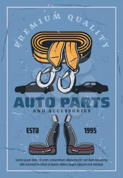 Auto spare parts and accessories, car repair service and mechanic garage. Car seats and towing rope with vintage vehicle silhouettes on background
