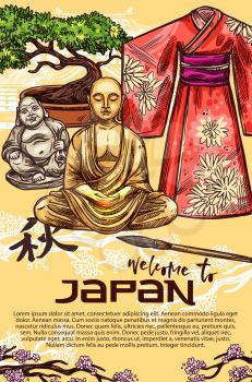 Welcome to Japan travel concept, symbols of japanese culture and religion. Geisha kimono, bonsai tree and pagoda, sakura branch, netsuke monk and Buddha statue. Vector sketch