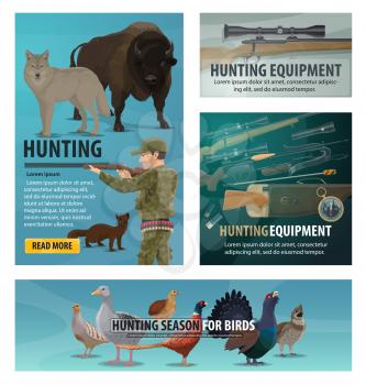 Hunting sport season, animals and birds, hunter equipment and weapon. Vector rifle, shotgun and wolf, goose, bison and pheasant, compass, flashlight and crossbow, quail, grouse and cartridge belt
