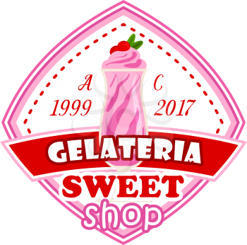 Gelateria ice cream emblem. Vector sign for gelateria shop, Italian famous dessert. Ice cream shop or gelateria cafe in Italy. Vector emblem for sweets menu. Traditional ice cream, red and pink colors badge