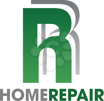 Letter R icon for home repair and renovation tools store. Vector green symbol of letter R for construction industry or house building corporation and professional builders alliance