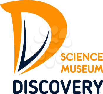 Letter D icon for discovery science museum or dinosaurs and archeology exhibition project. Vector scientific symbol of letter D for natural science or ancient history museum sign design
