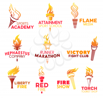 Torch icons and symbols vector icons. Sports academy and attainment sport school, media flame, Hephaestus company. Runner marathon, victory fight club, liberty red fire show and torch
