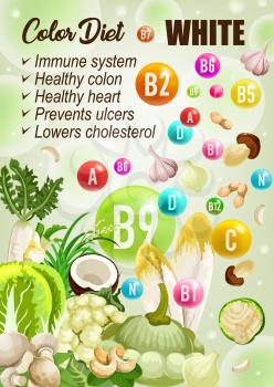 Color diet white day, vitamins A, B, C. Vector coconut and mushrooms, garlic, nuts, radish and ginger, cabbage veggie. Dieting fruits and vegetables, detoxification diet improving immune system