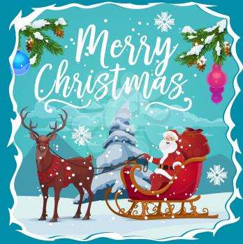 Santa Claus on reindeer sleigh with Christmas gifts red bag greeting card in frame of Xmas tree branch, snow, balls and snowflake. Merry Christmas and Happy New Year winter holidays vector theme