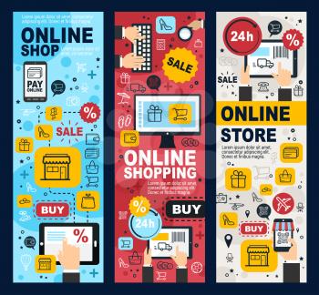Online shopping linear vector banners. Online shop store poster sale via internet, payments on computers and smartphone devices. Buy tickets, food, clothes and shoes, delivery signs and shopping cart