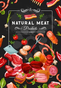 Natural meat products, vegetables and kitchen utensil. Butcher shop steaks, wurst and pork, bacon and sausages, chicken and schnitzel in vector. Tenderloin and red pepper, tomato and green onion