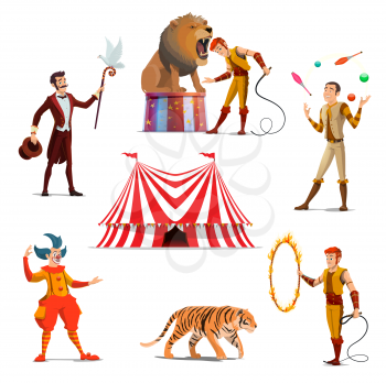 Big tent of circus with lion and trainer, magician and juggler, tiger on entertainment show. Dangerous tricks with wild animals, funfair characters vector characters. Carnival performance in circus