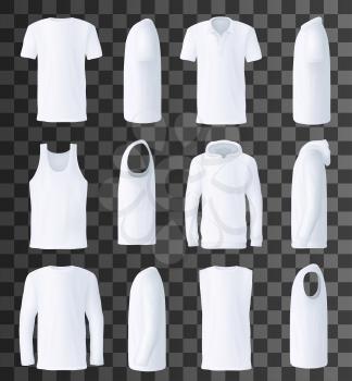 Front and side view men clothes, vector. T-shirt and polo, singlet and hoodie, sweatshirt and sleeveless shirt. Male basic garments for hot and cold weather, isolated objects on transparent