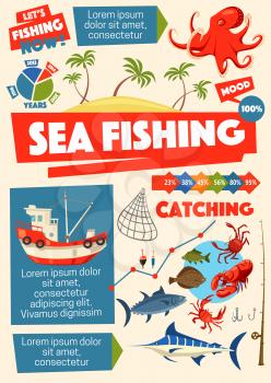 Fishing sport, sea fish and fishers ship. Octopus and perch, pipefish and crab, lobster and flounder, rod and bait, hook and net. Fishery equipment and island with tropical palms, vector